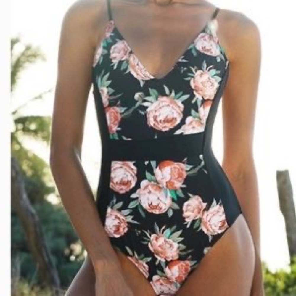 Cupshe | Black Floral Peony Bathing Suit